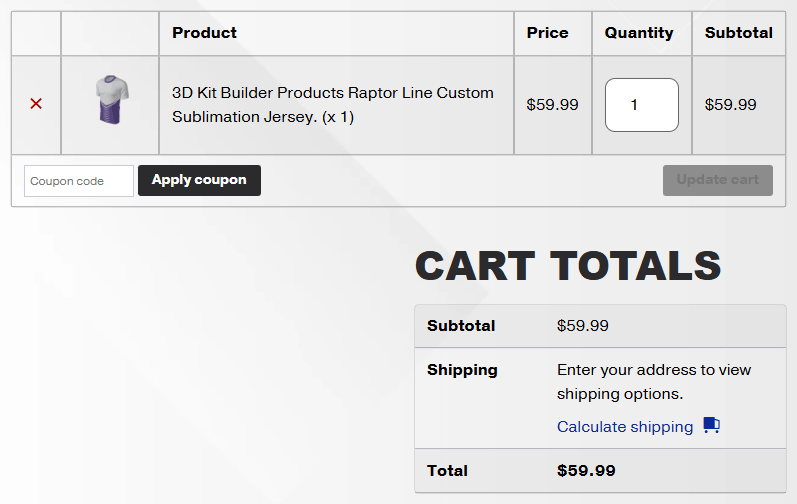 Checkout screen in the Edgy Sport Kit Builder