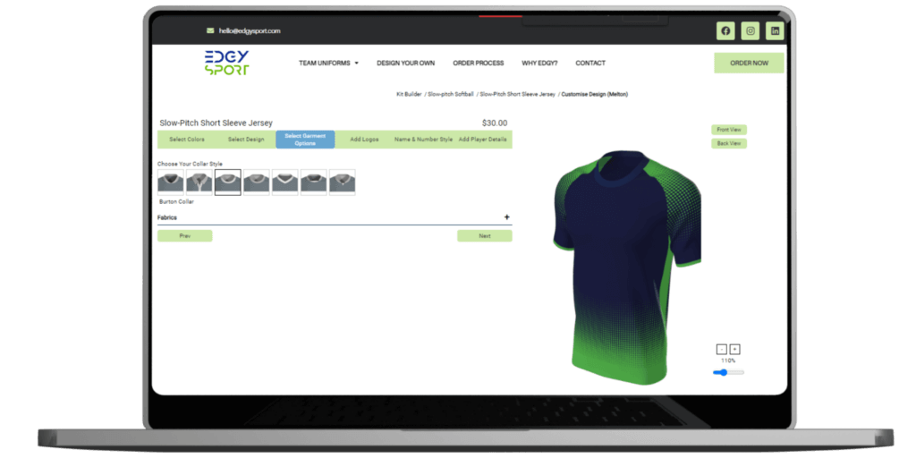 Step 4 collar and fabric options for slowpitch softball jerseys
