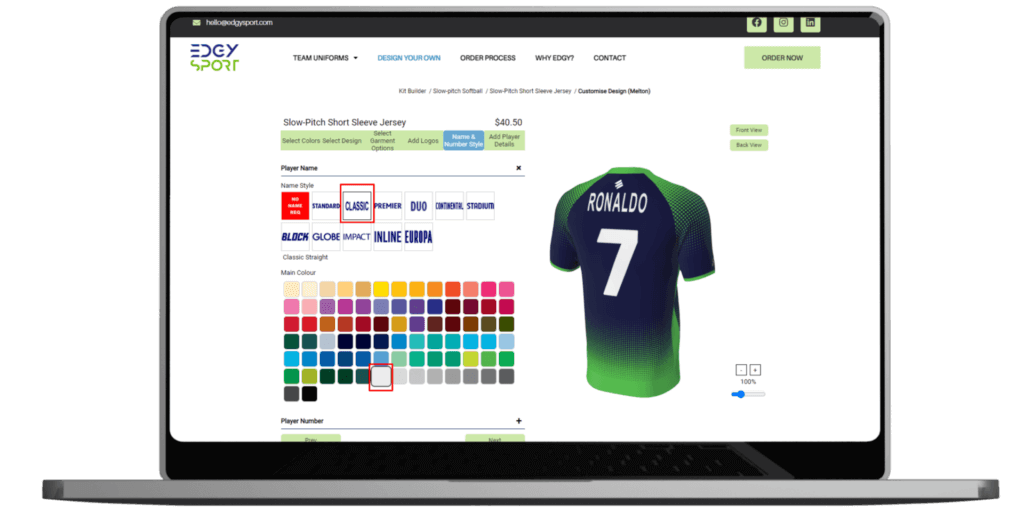 Step 6 adding name and number style for the custom uniform designer