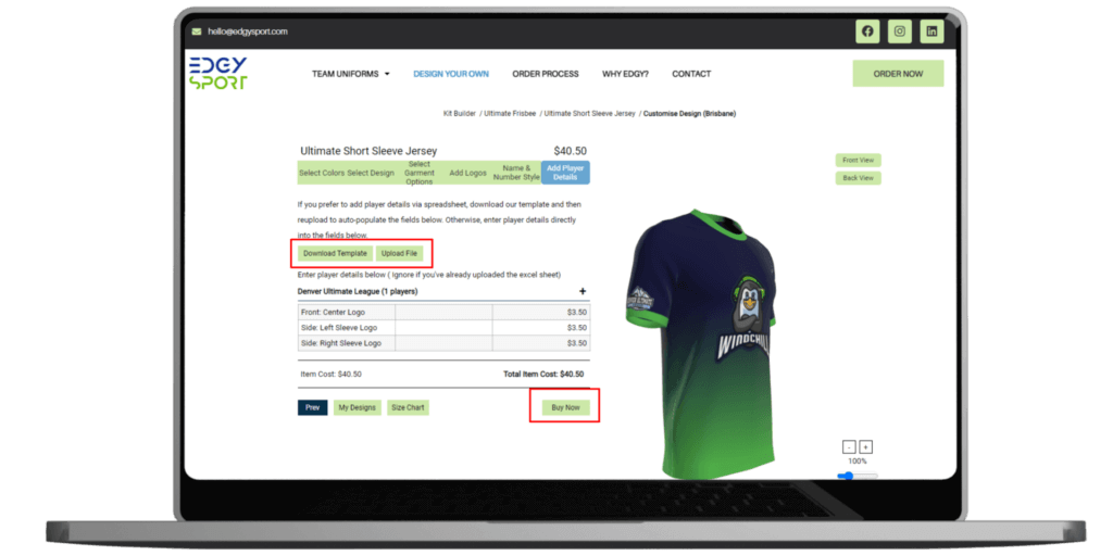 Step 7 adding player details for your custom frisbee uniforms
