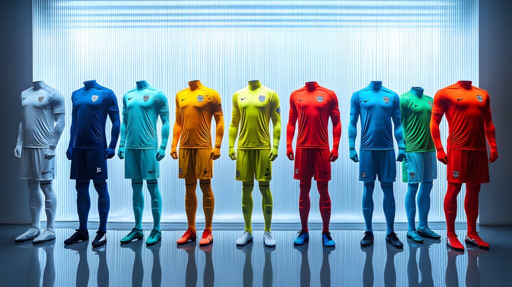 Custom sports jerseys for rec teams displayed on mannequins.